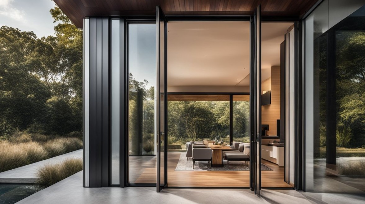 Een elegante en moderne aluminium deur met een prachtige natuurlijke achtergrond.
